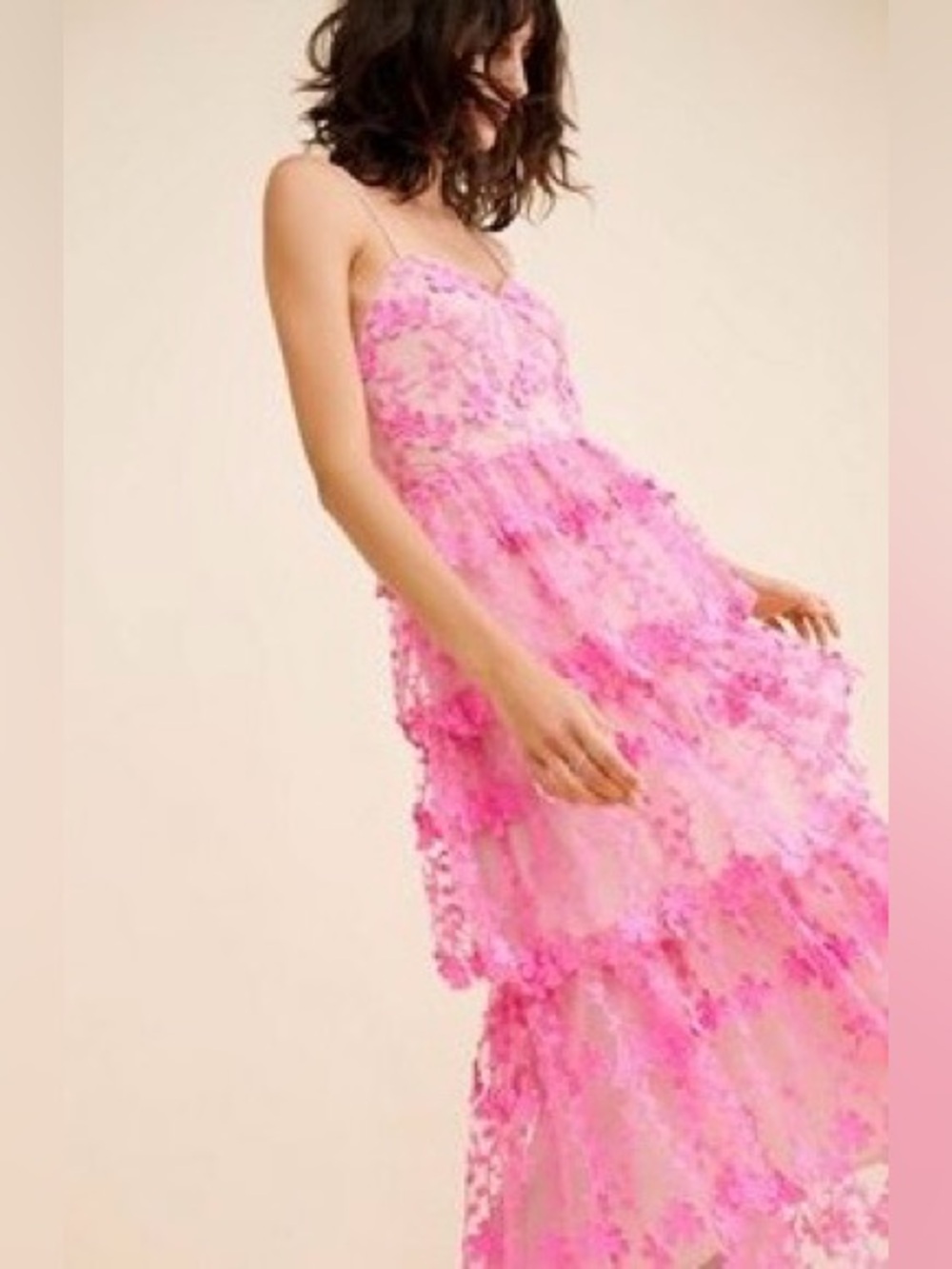 Endless Rose Pink Floral Lace Tiered Midi Dress Large Anthropologie Revolve